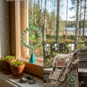 Tämä käsintehty Onnenpöllö on näyttävä ja leikkisä asuste, joka on luotu piristämään niin reppua, käsilaukkua kuin kodin sisustustakin. Kimmeltävät glitter-helmet ja sympaattinen pöllöhahmo tekevät tästä täydellisen lahjaidean tai piristyksen itselle. Käyttövinkki: Kiinnitä seikkailuihin mukaan laukkukoruksi tai ripusta ikkunalle tuomaan valoa ja iloa huoneeseen. Yksityiskohdat: Raikas värimaailma, hurmaava pöllö-yksityiskohta ja pehmeä tupsu.